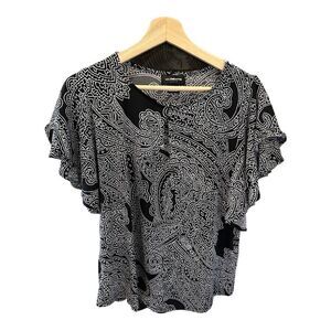 LIZ CLAIBORNE Top Sz L Flared Layered Sleeve Stretch Paisley Career Black White